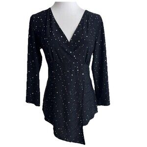 Susan Lawrence Blouse Size Medium Black Silver Sparkle Stretch Top